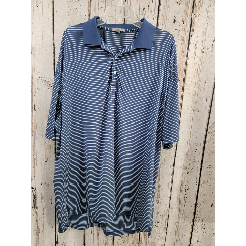 Peter Millar XL Summer Comfort Navy Blue Striped Polo Golf Shirt Performance EUC